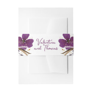 Gouden Glitter en Paarse Bloemen Bruiloft Uitnodigingen Wikkel