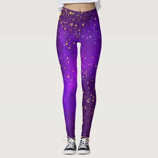 Gouden Glitter en Paarse Galaxy Leggings (Voorkant)