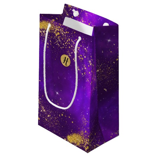 Gouden Glitter en Paarse Galaxy Monogram Gift Bag Klein Cadeauzakje (Voorkant Gekanteld)