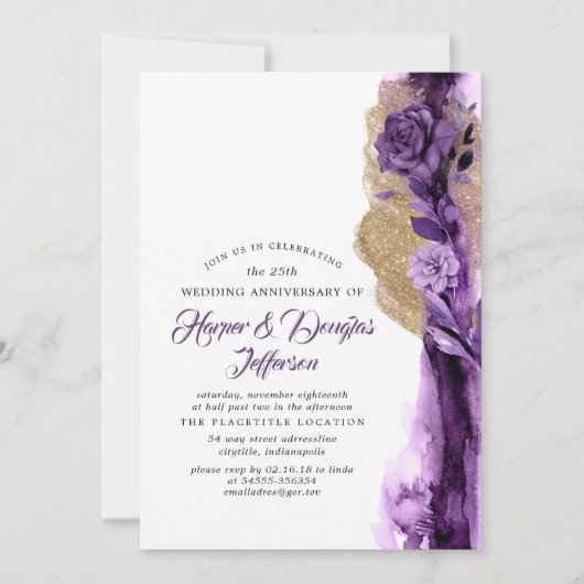 Gouden Glitter en Paarse Huwelijksjubileumfeest Kaart (Voorkant)