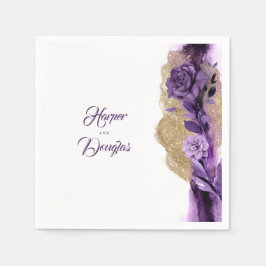 Gouden Glitter en Plum Paarse Bloemenbruiloft Servet
