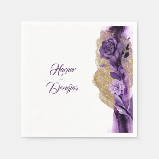 Gouden Glitter en Plum Paarse Bloemenbruiloft Servet (Voorkant)