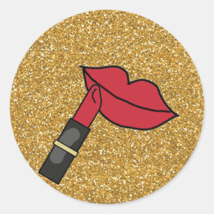 Gouden Glitter en REd Lippen Met Lipstick Ronde Sticker
