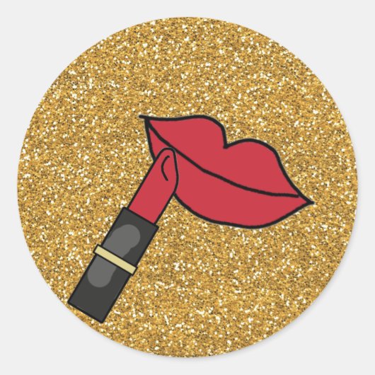 Gouden Glitter en REd Lippen Met Lipstick Ronde Sticker (Voorkant)