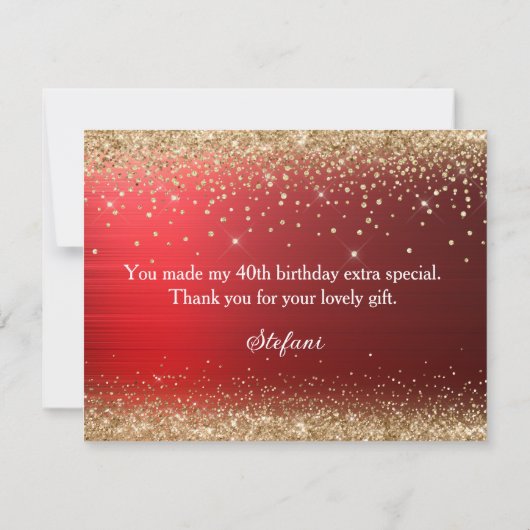 Gouden Glitter en Rode Folie 40e Verjaardag Bedankkaart (Achterkant)