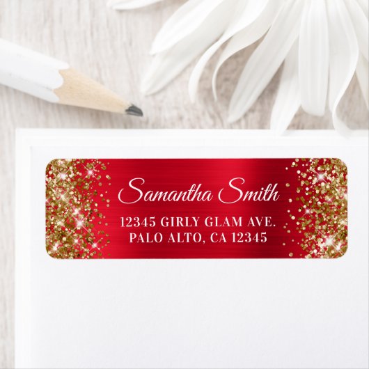 Gouden Glitter en Rode Folie Glamour Etiket (Insitu)