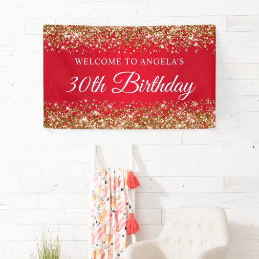 Gouden Glitter en Rood 30e Verjaardag Welkom Spandoek (Insitu)