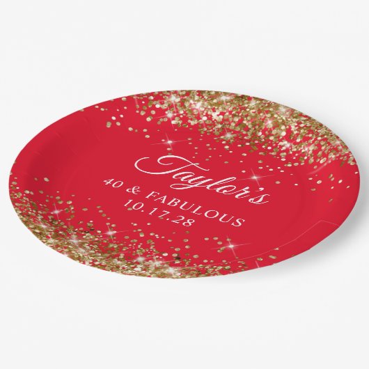 Gouden Glitter en Rood 40 & Fabulous Papieren Bordje (Gekanteld)