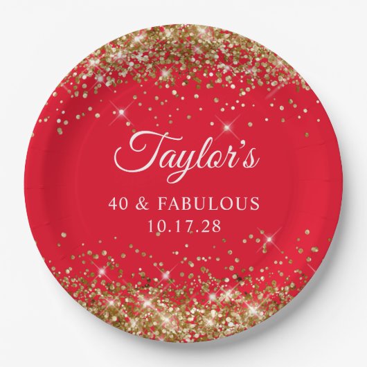 Gouden Glitter en Rood 40 & Fabulous Papieren Bordje (Voorkant)