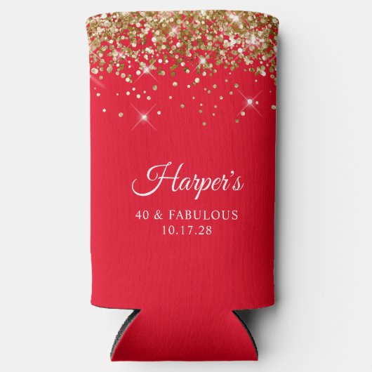 Gouden Glitter en Rood 40 & Fabulous Seltzer Blikjeskoeler (Voorkant)