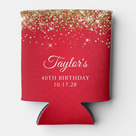 Gouden Glitter en Rood 40ste verjaardag Blikjeskoeler (Voorkant)