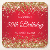 Gouden Glitter en Rood 50ste verjaardag Kartonnen Onderzetters (Voorkant)