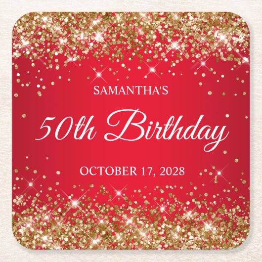 Gouden Glitter en Rood 50ste verjaardag Kartonnen Onderzetters (Voorkant)