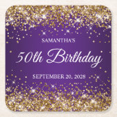 Gouden Glitter en Royal Paarse 50e Verjaardag Kartonnen Onderzetters (Voorkant)