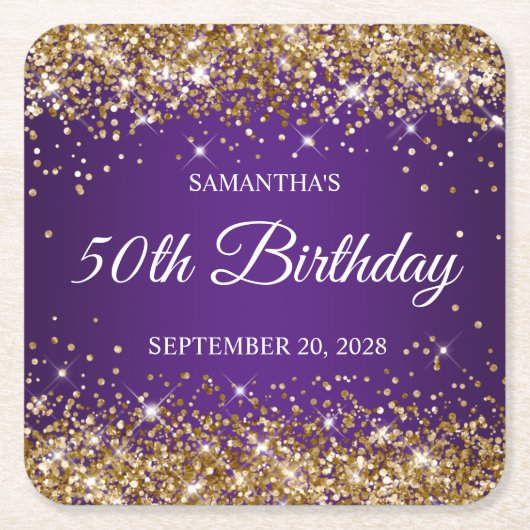 Gouden Glitter en Royal Paarse 50e Verjaardag Kartonnen Onderzetters (Voorkant)
