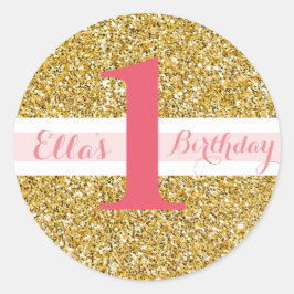 Gouden Glitter en Roze Eerste Verjaardag Stickers