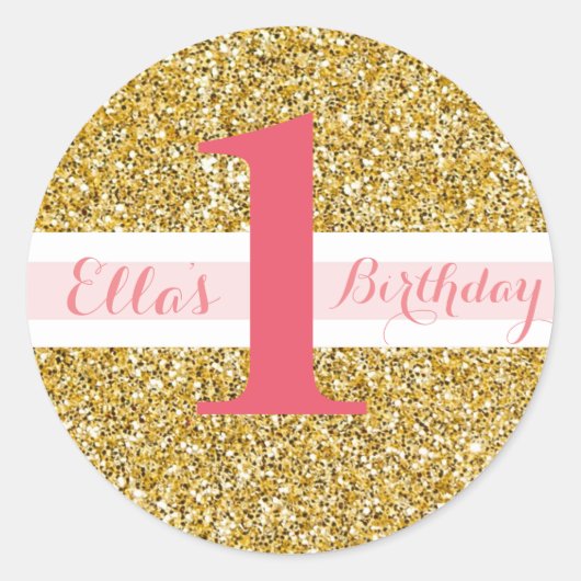 Gouden Glitter en Roze Eerste Verjaardag Stickers (Voorkant)