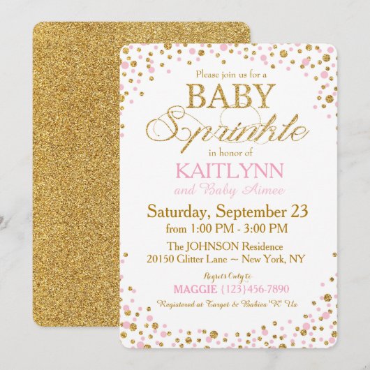 Gouden Glitter en Roze Sprinkle Baby shower Kaart (Voorkant / Achterkant)
