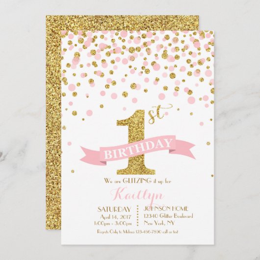 Gouden Glitter en Roze Sprinkles Modern Birthday Kaart (Voorkant / Achterkant)