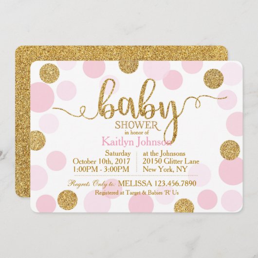 Gouden Glitter en Roze Verspreide Stippen Baby sho Kaart (Voorkant / Achterkant)