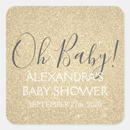 Gouden Glitter en Sparkle Oh Baby! douchen Vierkante Sticker (Voorkant)
