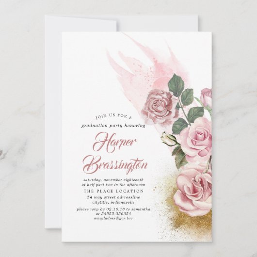 Gouden Glitter en Stoffelijk Roos Bloemen Afstuder Kaart (Voorkant)