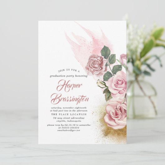 Gouden Glitter en Stoffelijk Roos Bloemen Afstuder Kaart (Staand voorkant)