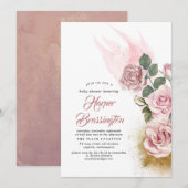 Gouden Glitter en Stoffelijk Roos Bloemen Baby sho Kaart (Voorkant / Achterkant)