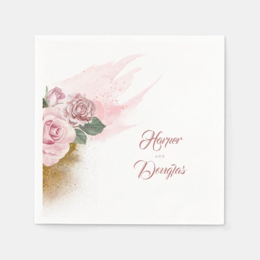 Gouden Glitter en stoffig Roos Bloemenbruiloft Servet (Voorkant)