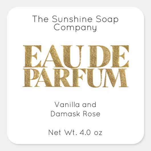 Gouden glitter en wit eau de parfum label (Voorkant)