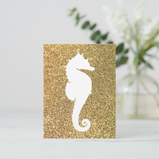 Gouden Glitter en Wit Zee Paard Briefkaart (Staand voorkant)
