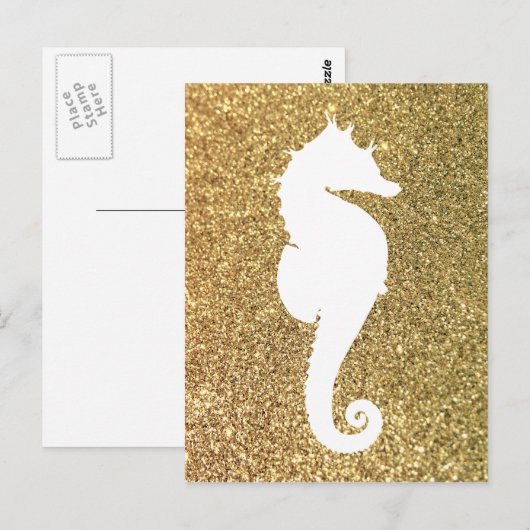 Gouden Glitter en Wit Zee Paard Briefkaart (Voorkant / Achterkant)