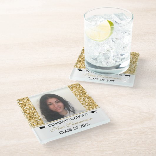 Gouden glitter en witte vonken- Afstuderen Glazen Onderzetter (Schuin)