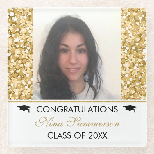 Gouden glitter en witte vonken- Afstuderen Glazen Onderzetter (Voorkant)
