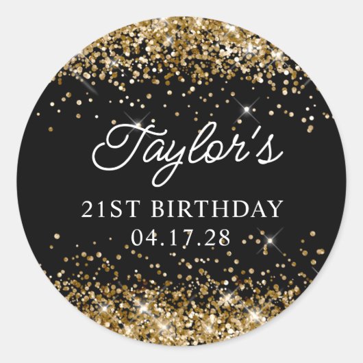 Gouden Glitter en zwart 21e verjaardag Ronde Sticker (Voorkant)