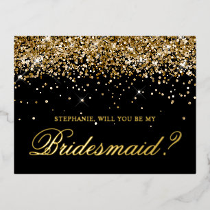 Gouden Glitter en Zwarte Bruidsmeisje Voorstel Folie Feestdagen Briefkaart