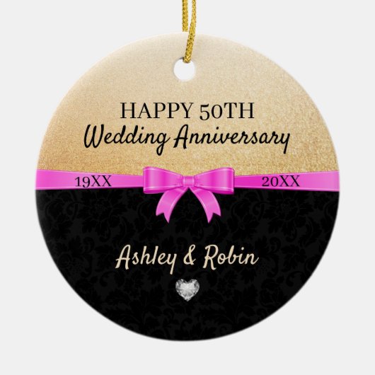 Gouden glitter en zwarte damast keramisch ornament (Voorkant)