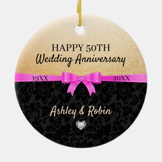 Gouden glitter en zwarte damast keramisch ornament (Achterkant)