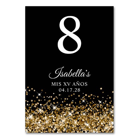 Gouden Glitter en Zwarte Mis XV Anos Kaart (Voorkant)