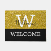 Gouden Glitter en Zwarte Monogram Naam Trouwen Deurmat (Voorkant)