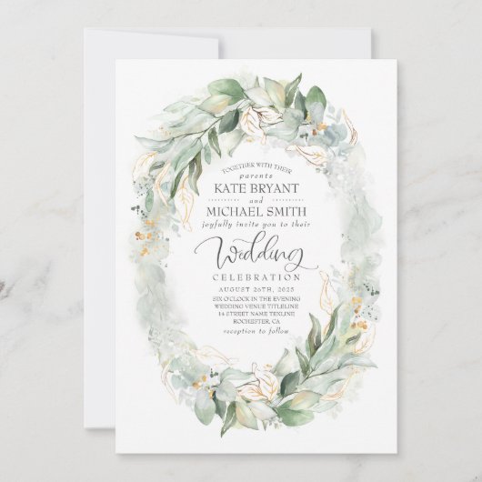 Gouden Glitter Eucalyptus groen krans bruiloft Kaart (Voorkant)