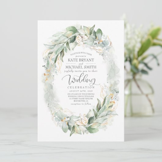 Gouden Glitter Eucalyptus groen krans bruiloft Kaart (Staand voorkant)