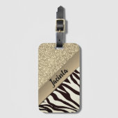 Gouden Glitter Exotische Zebra Print gepersonalise Bagagelabel (Voorkant (verticaal))