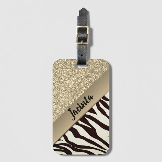 Gouden Glitter Exotische Zebra Print gepersonalise Bagagelabel (Voorkant (verticaal))