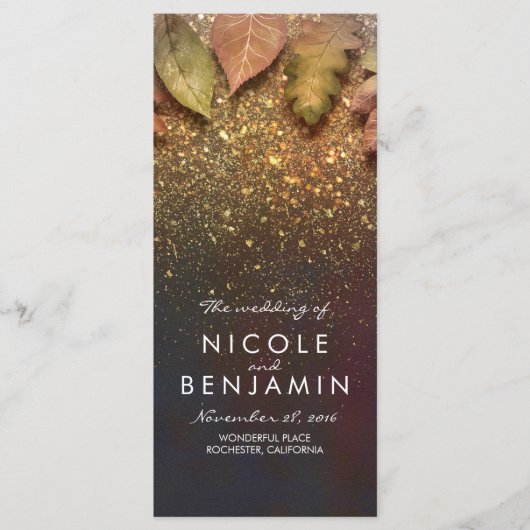 Gouden Glitter Fall verlaat Vintage Wedding Progra Programmakaart (Voorkant)