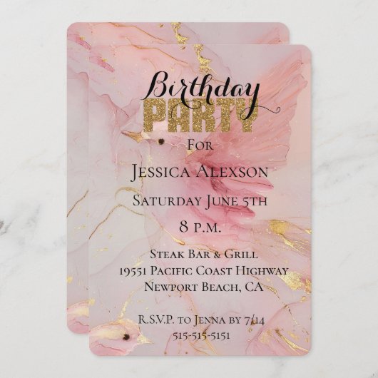 Gouden Glitter Feest Roze Vogels Verjaardag  Kaart (Voorkant / Achterkant)