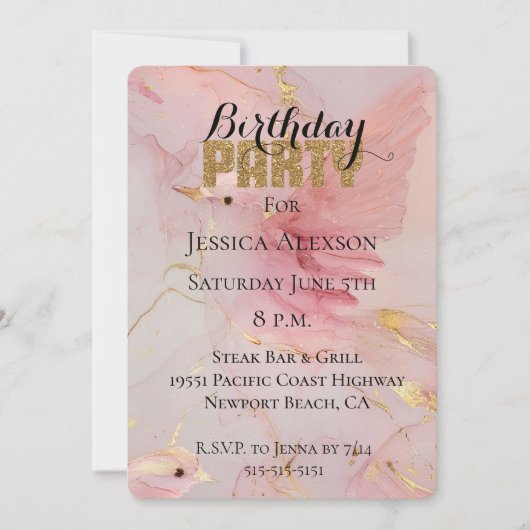 Gouden Glitter Feest Roze Vogels Verjaardag  Kaart (Voorkant)