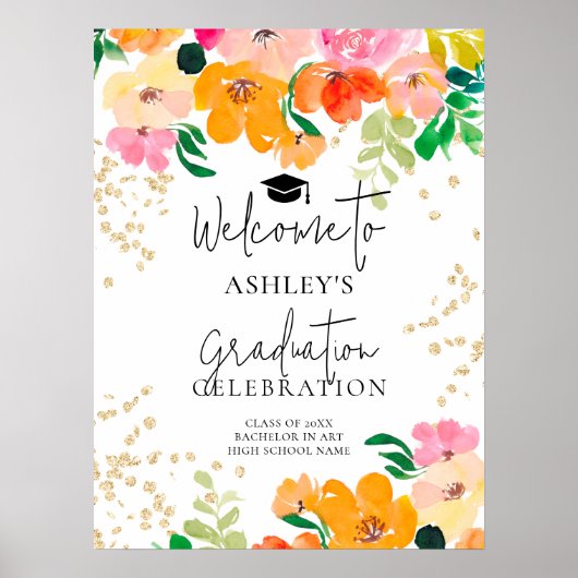 Gouden glitter floraal botanisch afstuderen welkom poster (Voorkant)