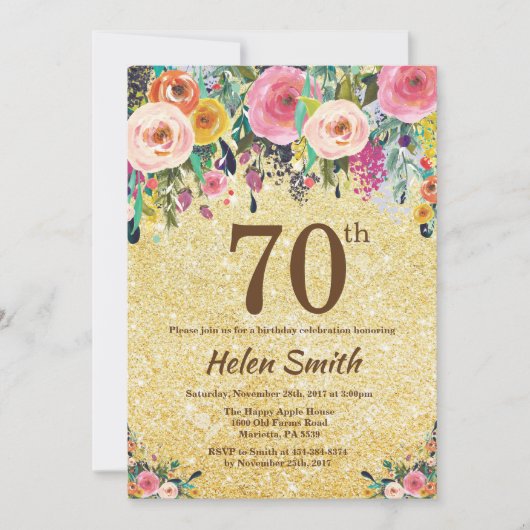 Gouden Glitter Floral 70e verjaardag Uitnodiging (Voorkant)