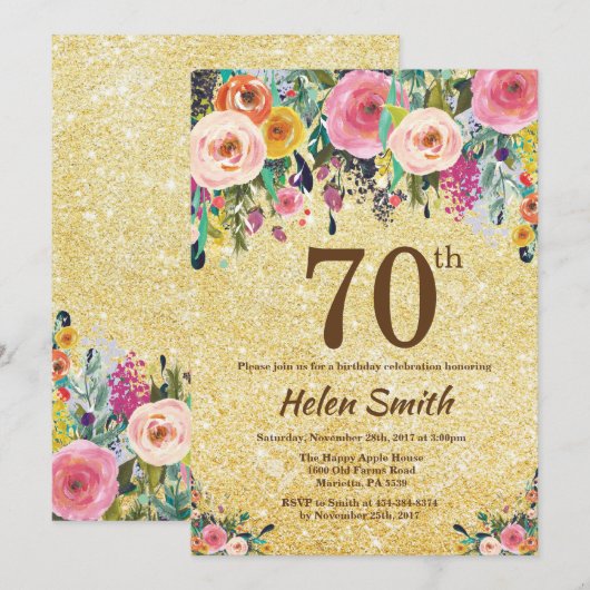 Gouden Glitter Floral 70e verjaardag Uitnodiging (Voorkant / Achterkant)